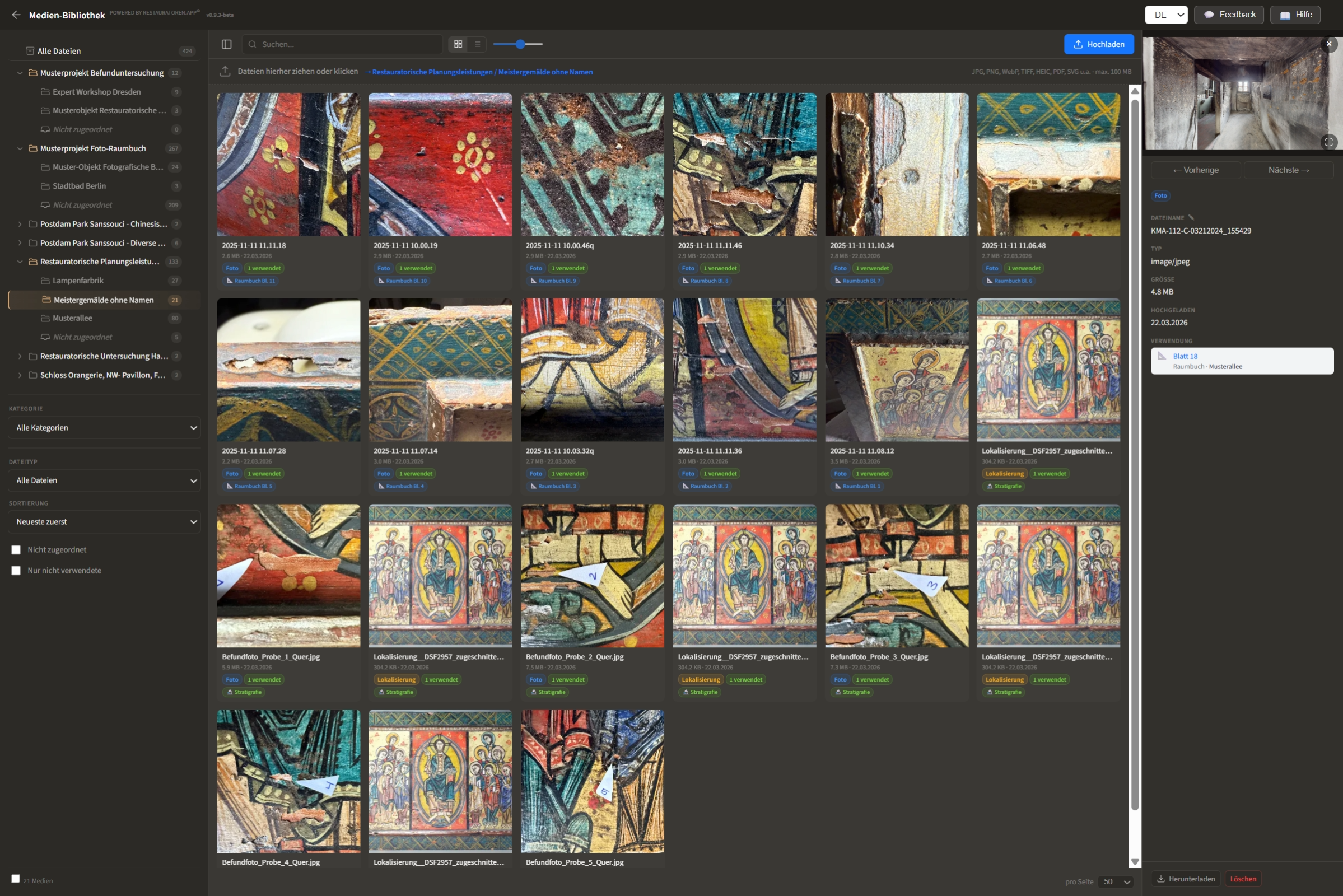 Medien-Bibliothek mit geordneten Aufnahmen nach Projekten und Objekten.